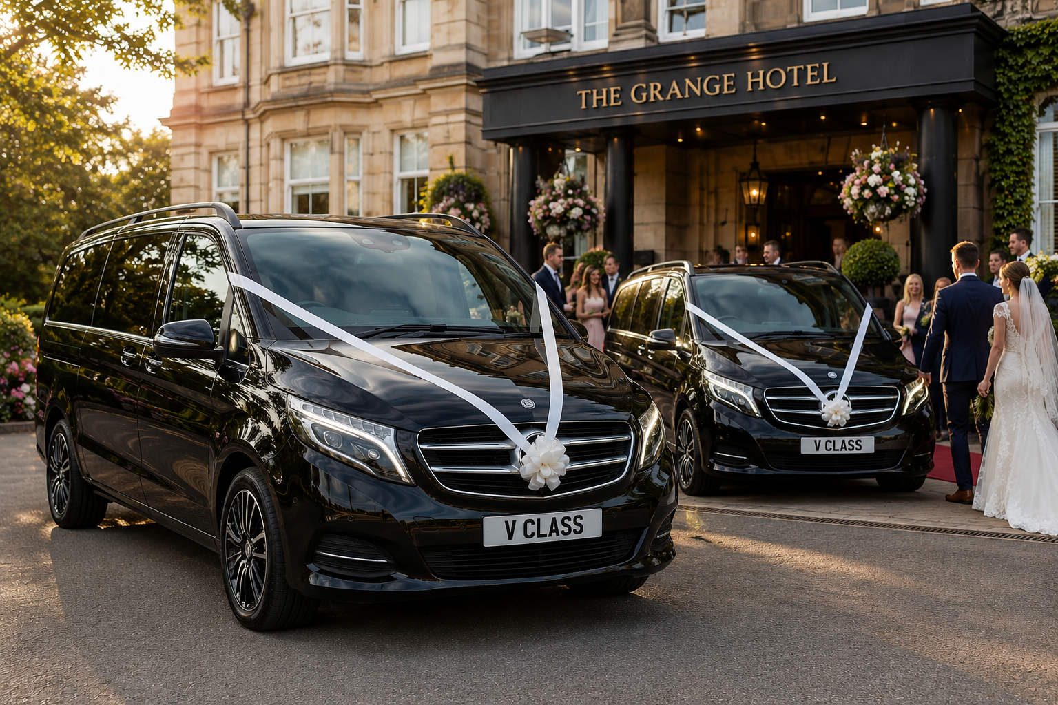 Two of our Mercedes, valeted and ribboned for a wedding morning